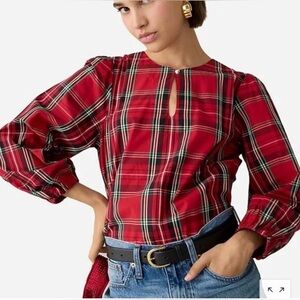 New J. Crew good tidings plaid puff sleeve poplin blouse